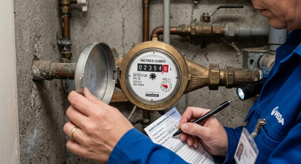Index d'un compteur d'eau individuel relevé lors d'un contrôle de consommation.