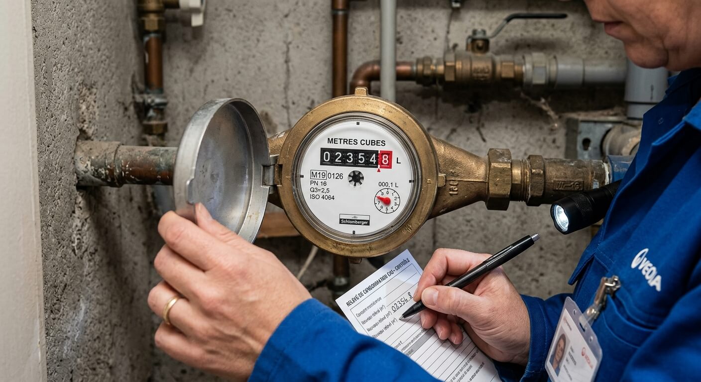 Index d'un compteur d'eau individuel relevé lors d'un contrôle de consommation.