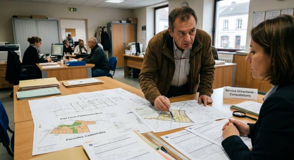 Garage transformé en chambre non déclaré depuis plus de 10 ans : risques et régularisation 4 Propriétaire vérifiant les plans d'urbanisme pour régulariser des travaux non déclarés.