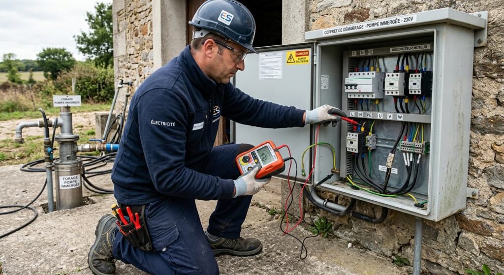Électricien mesurant la résistance d'isolement d'une pompe immergée avec un multimètre au niveau du coffret de démarrage.