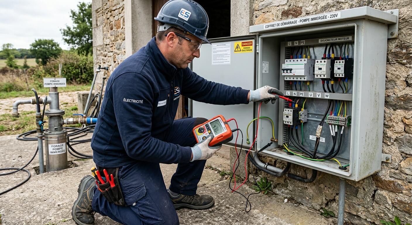 Électricien mesurant la résistance d'isolement d'une pompe immergée avec un multimètre au niveau du coffret de démarrage.
