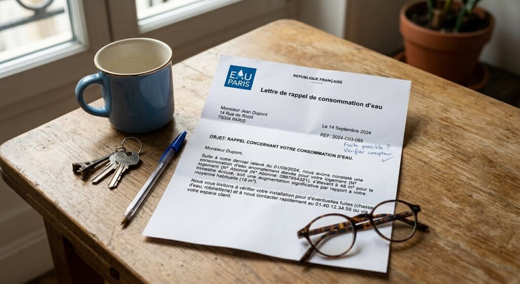 Lettre de rappel de consommation d'eau reçue par un abonné.