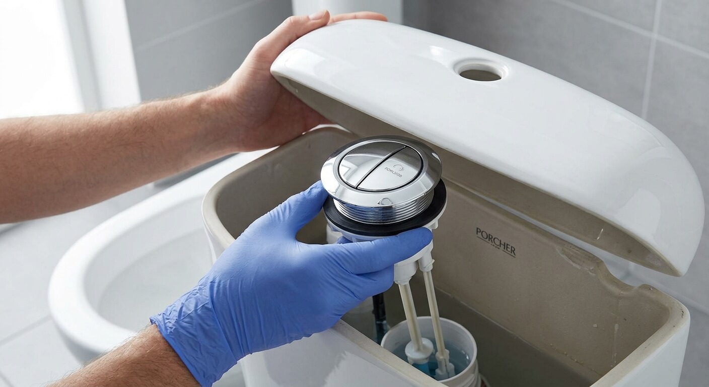 Dévissage du bouton poussoir chromé à double commande sur un réservoir WC Porcher.