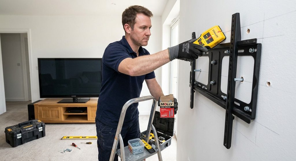 Utilisation d'un détecteur de montants métalliques pour visser le support TV dans l'ossature du placo.