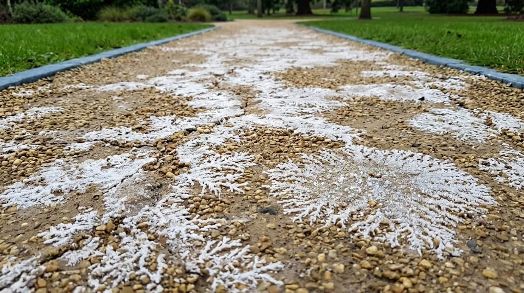 Remontées de traces blanchâtres de sel à la surface d'un sol stabilisé par cristallisation.