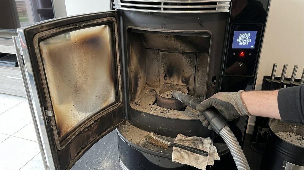 Nettoyage complet du brasier et de la chambre de combustion avant la réinitialisation de l'alarme de service.