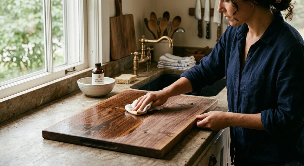 Application d'une huile protectrice sur une planche en bois après désinfection.