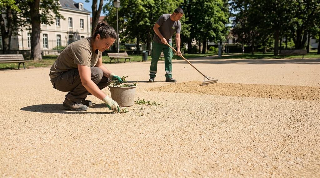 Entretien au râteau et désherbage manuel sur une surface extérieure en Balthazar.