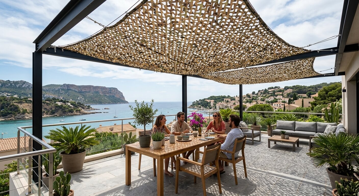 Filet de camouflage suspendu au-dessus d'une terrasse pour créer un ombrage moderne.