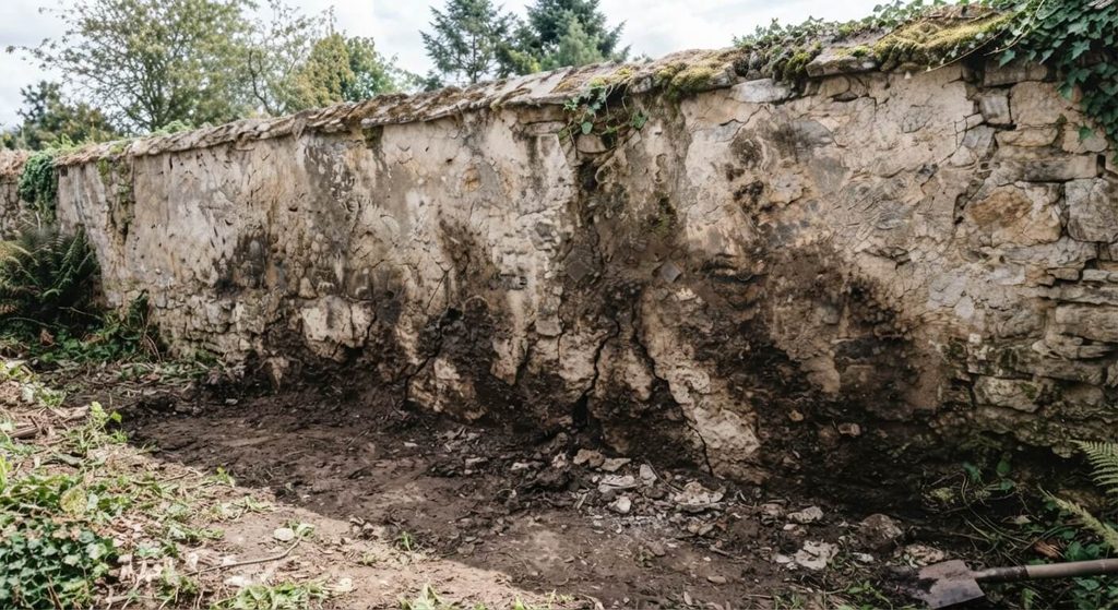 Traces d'humidité et lézardes causées par la pression d'un remblai de terre voisin.