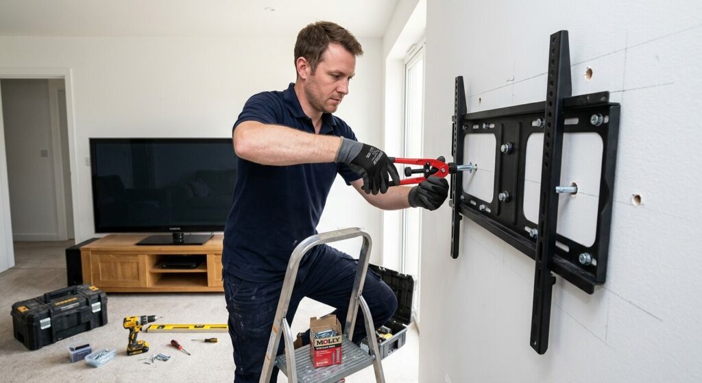 Installation d'un support mural pour grand écran TV sur plaque de plâtre BA13 avec pince à cheville Molly.