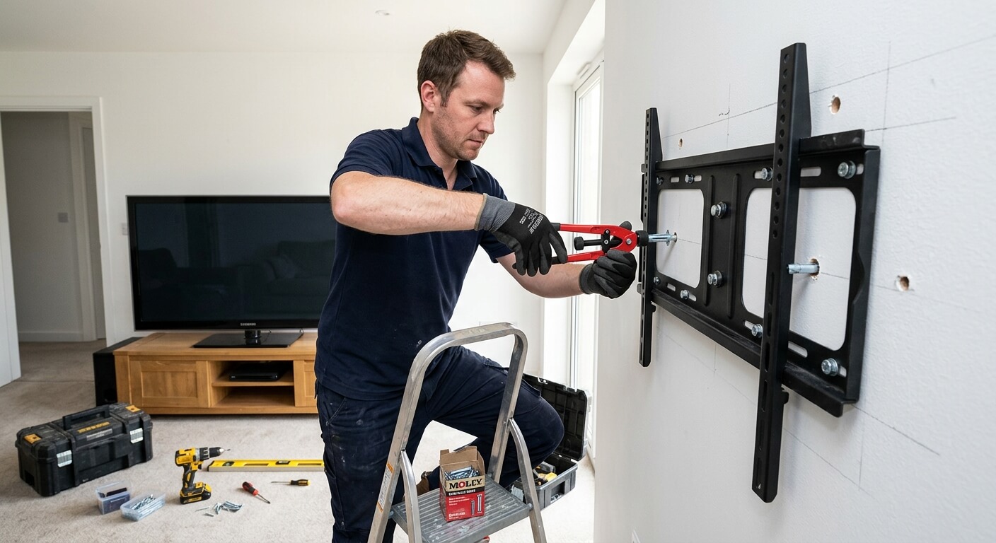Installation d'un support mural pour grand écran TV sur plaque de plâtre BA13 avec pince à cheville Molly.
