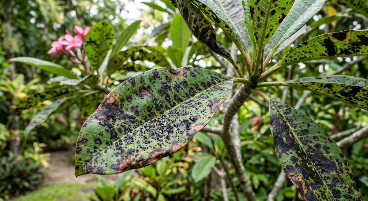 Feuilles d'un frangipanier devenant noires et tachetées à cause d'une maladie cryptogamique.