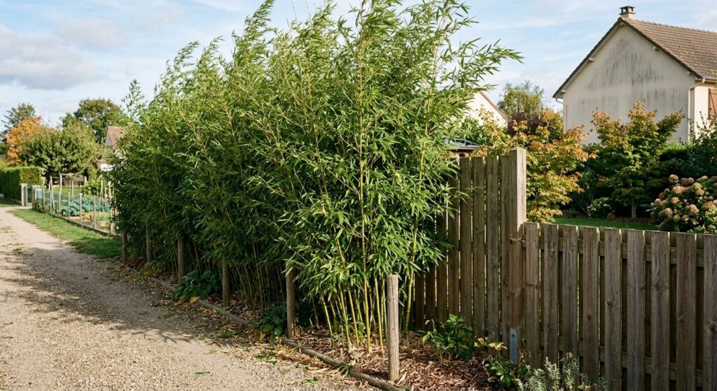 Haie de bambous traçants plantée à proximité d'une clôture de séparation de terrain.