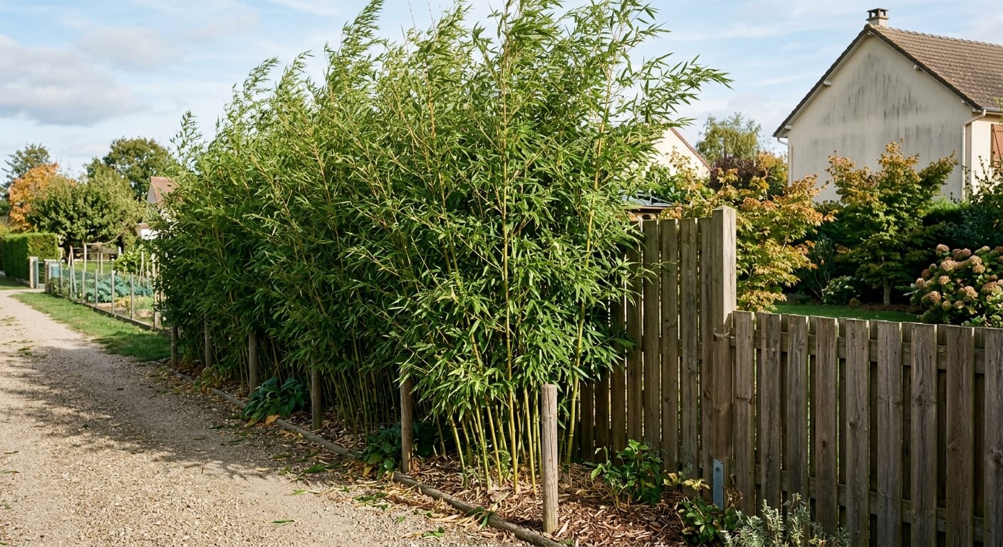 Haie de bambous traçants plantée à proximité d'une clôture de séparation de terrain.
