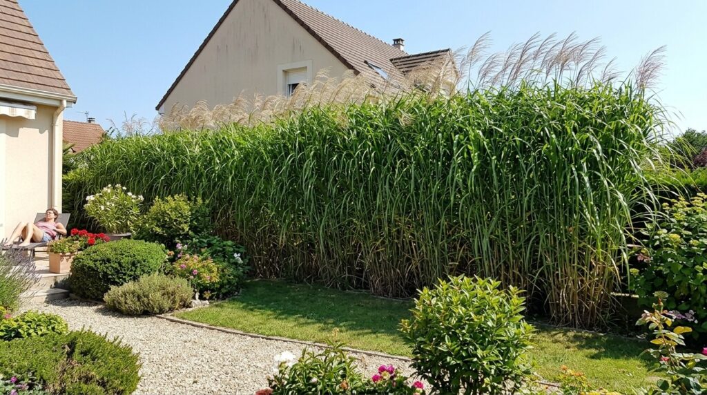 Dense haie de Miscanthus Giganteus servant de brise-vue naturel dans un jardin.