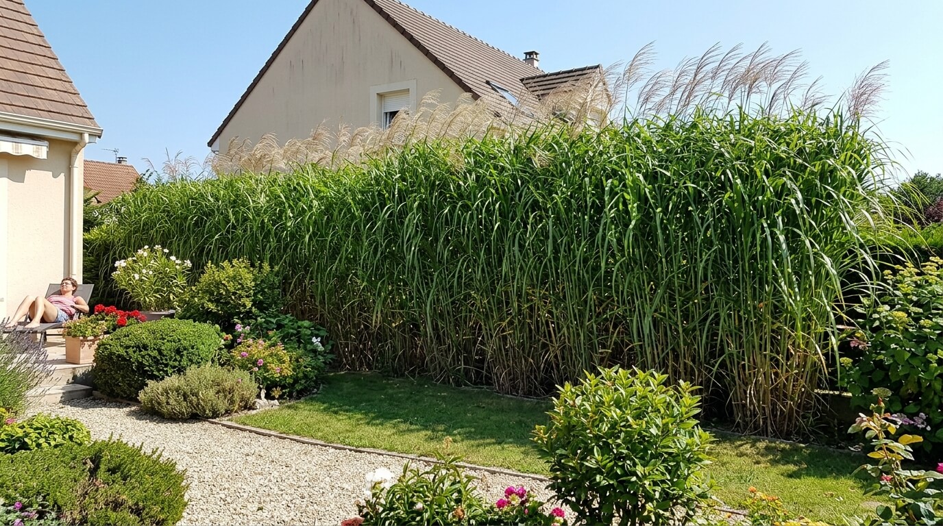 Dense haie de Miscanthus Giganteus servant de brise-vue naturel dans un jardin.