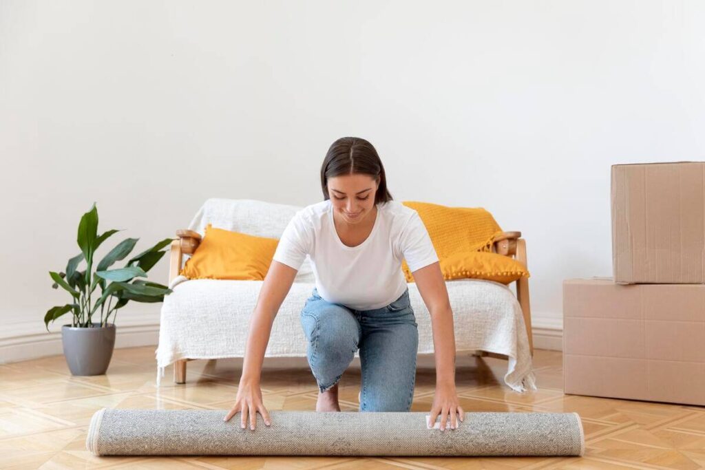 Mon voisin fait du bruit en marchant : que faire ? 3 Pose d'un tapis épais et de sous-couches isolantes sur un sol en parquet.