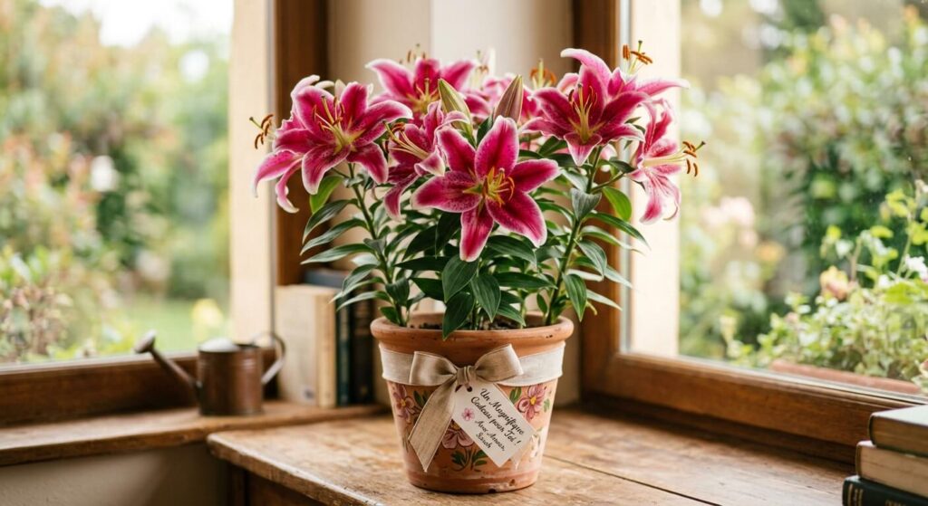 Magnifique lys en pot aux fleurs ouvertes offert en cadeau.