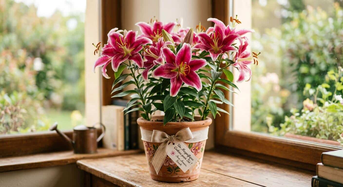 Magnifique lys en pot aux fleurs ouvertes offert en cadeau.