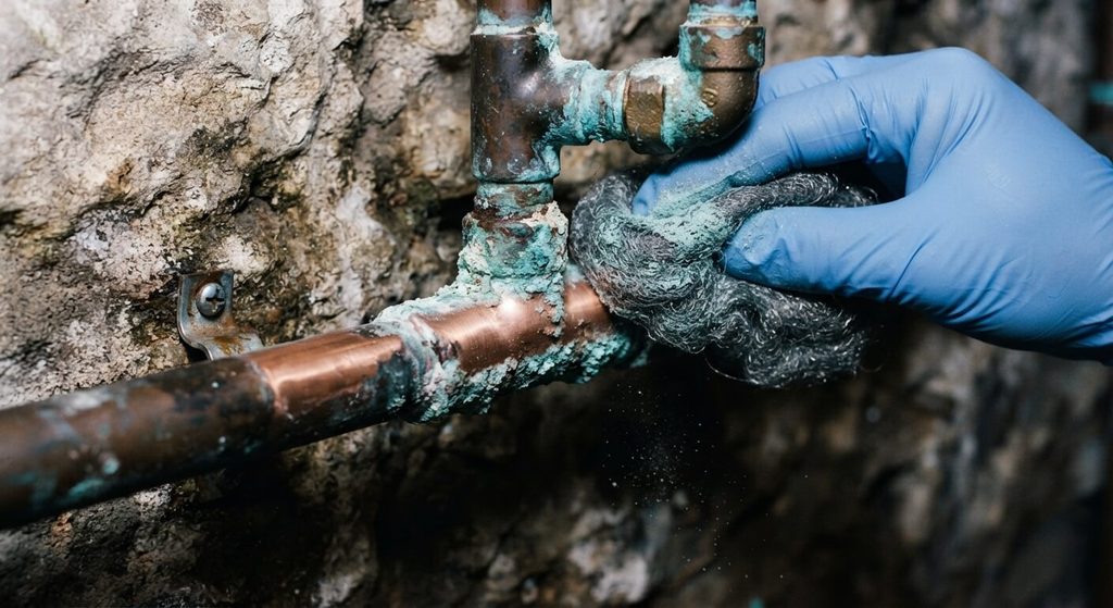 Cuivre bleu sur une canalisation : faut-il s'inquiéter ? 4 Nettoyage et élimination des dépôts de sulfate de cuivre sur un tuyau à la laine d'acier.