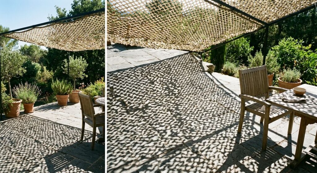 Ombre ajourée projetée sur le sol de la terrasse par un filet de camouflage renforcé.