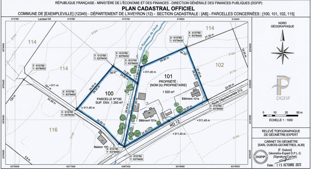 Erreur de cadastre et prescription trentenaire : limites de propriété et recours 2 Plan cadastral officiel avec délimitation de parcelles et relevé topographique de géomètre.