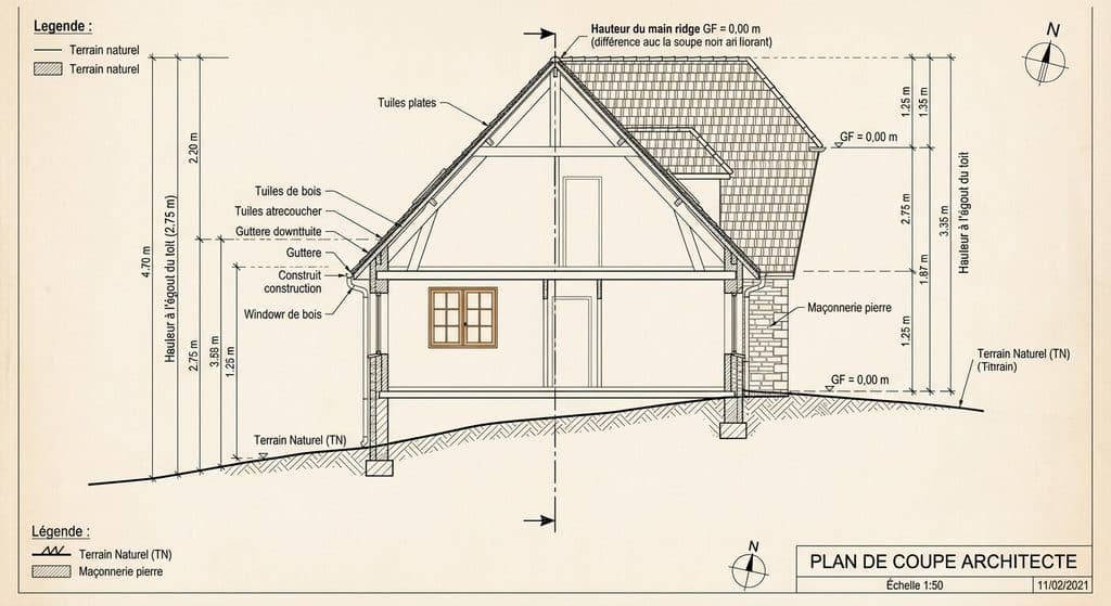 Plan de coupe d'architecte cotant la hauteur à l'égout du toit et par rapport au terrain naturel.