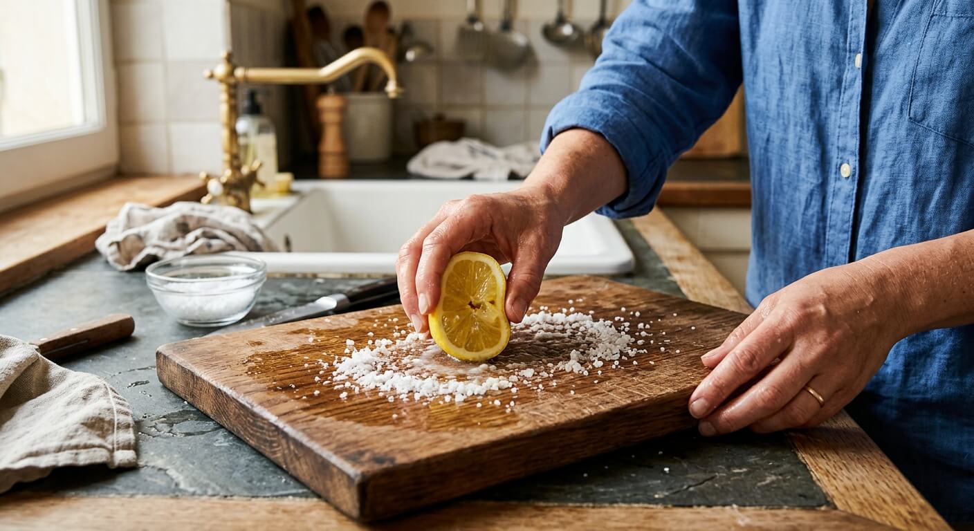 Nettoyage d'une planche à découper en bois avec du gros sel et un demi-citron.