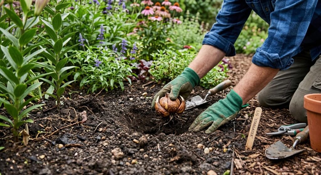 Plantation d'un bulbe de lys dans la terre d'un massif de jardin.