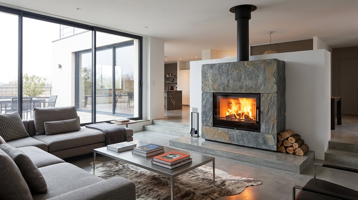 Poêle à bois haut de gamme Max Blank habillé de pierre naturelle dans un salon contemporain.