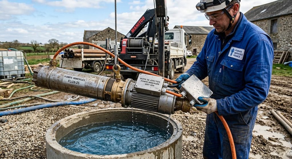 Sortie d'une pompe immergée de forage hors de l'eau avec contrôle du câble électrique et de la boîte de jonction.
