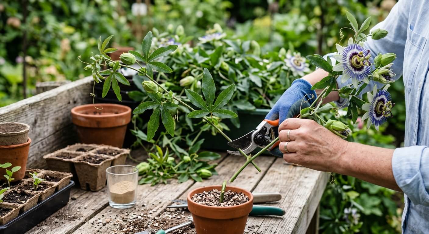 Découpe d'un rameau de fleur de la passion pour préparer une bouture