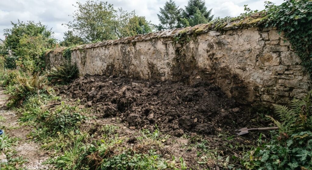 Amas de terre végétale remblayé directement contre un mur privatif de clôture.