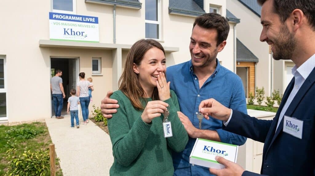 Nouveaux propriétaires lors de la réception des clés de leur logement neuf.