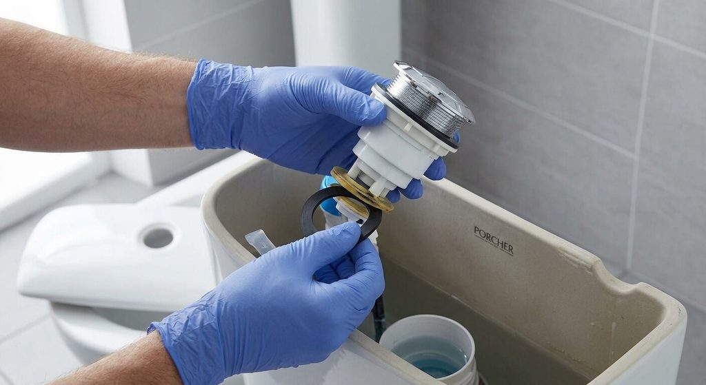 Remplacement du joint plat d'étanchéité de la cloche de chasse d'eau Porcher.