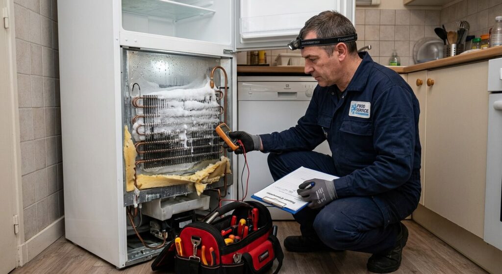 Congélateur percé : quels sont les dangers et que faire ? 3 Technicien frigoriste inspectant l'évaporateur d'un appareil électroménager endommagé.