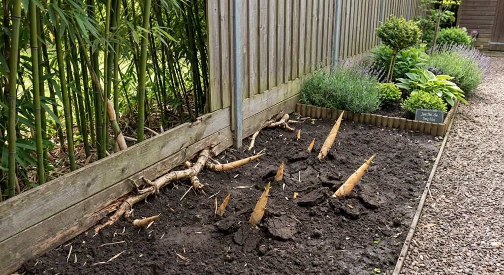 Pousse de rhizomes de bambous perforant le sol du jardin voisin.