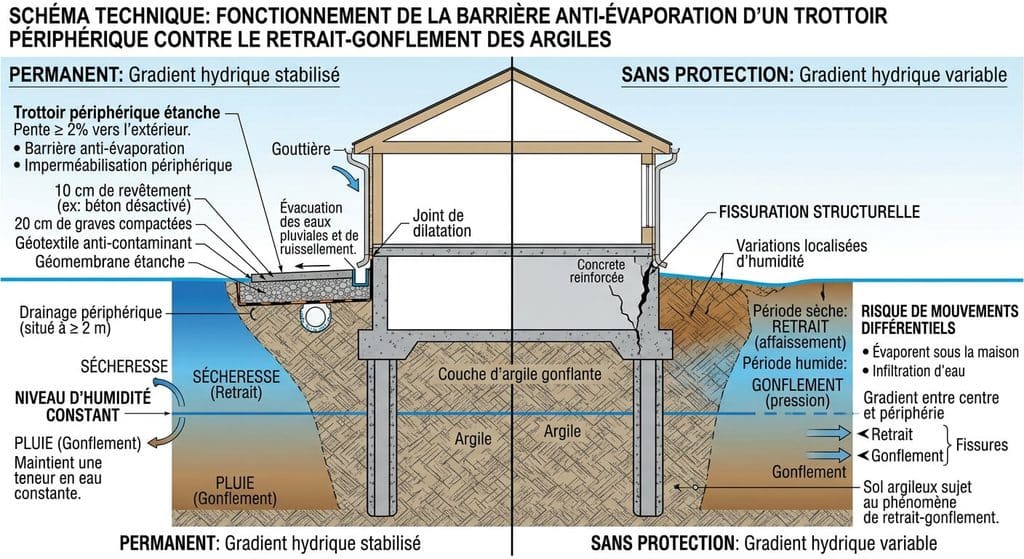 Trottoir autour d'une maison sur sol argileux : rôle, normes et réalisation 3 Schéma technique montrant la barrière anti-évaporation d'un trottoir périphérique contre le retrait-gonflement des argiles.