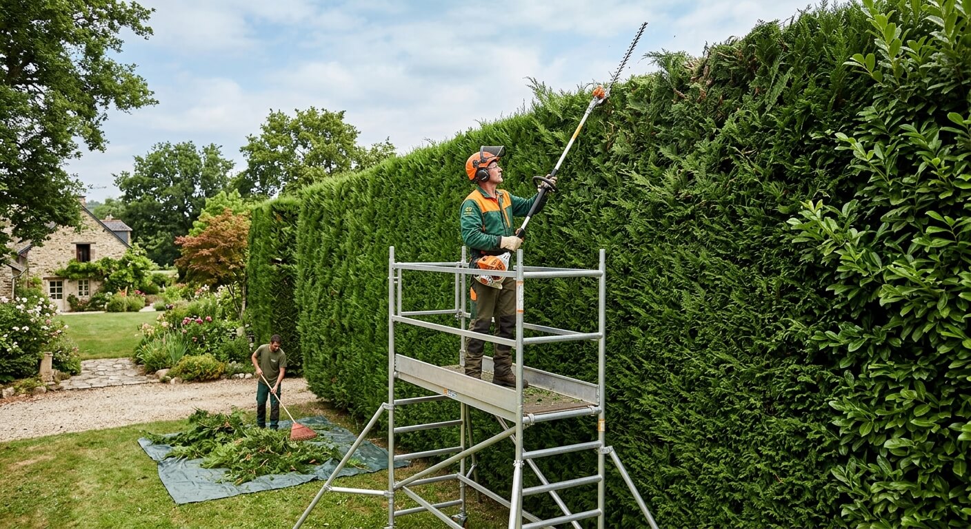 Jardinier taillant le sommet d'une haie très haute à l'aide d'un taille-haie sur perche et d'un échafaudage.