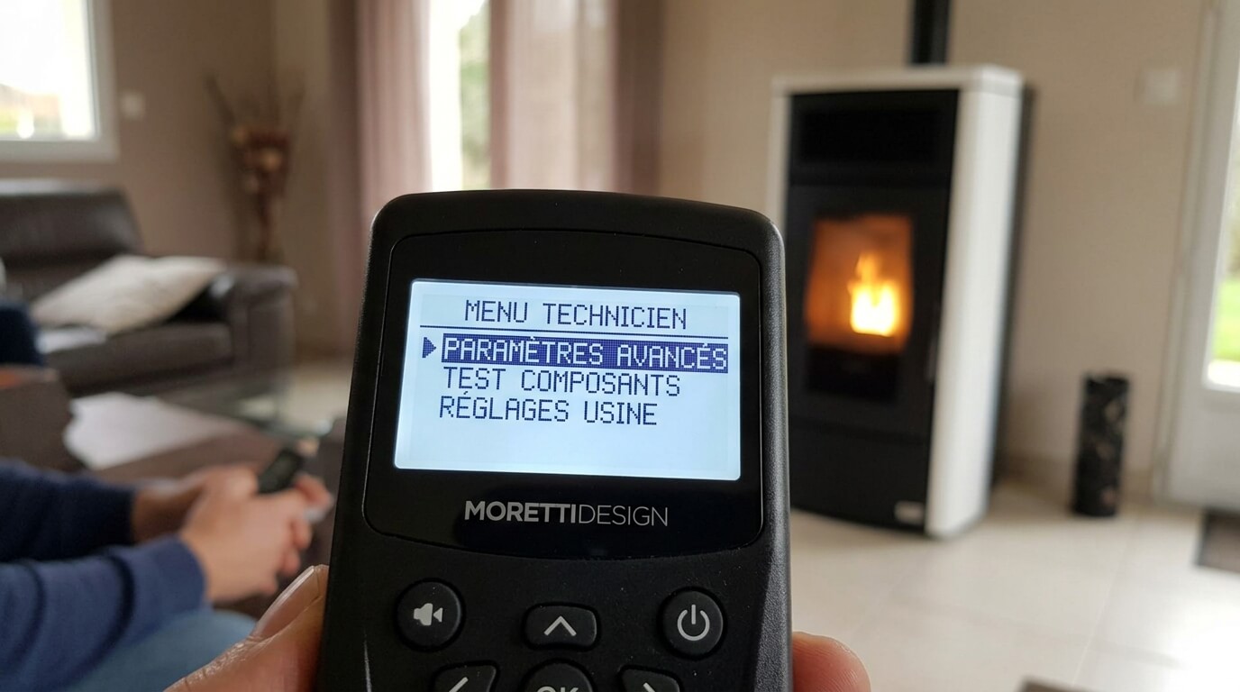 Écran de la radiocommande d'un poêle à granulés Moretti Design affichant l'accès au menu technicien.