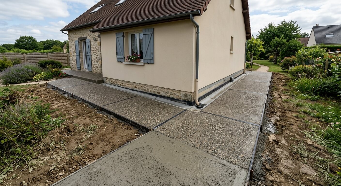 Trottoir périphérique étanche en béton désactivé coulé autour d'une maison sur sol argileux.