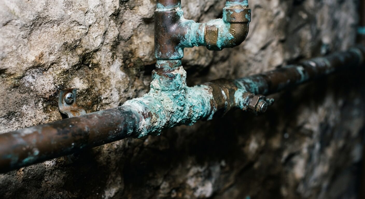Traces d'oxydation bleu turquoise et vert-de-gris sur une canalisation d'eau en cuivre.