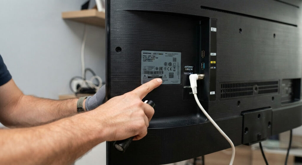 Inspection de l'étiquette signalétique et de la prise antenne au dos d'un téléviseur.