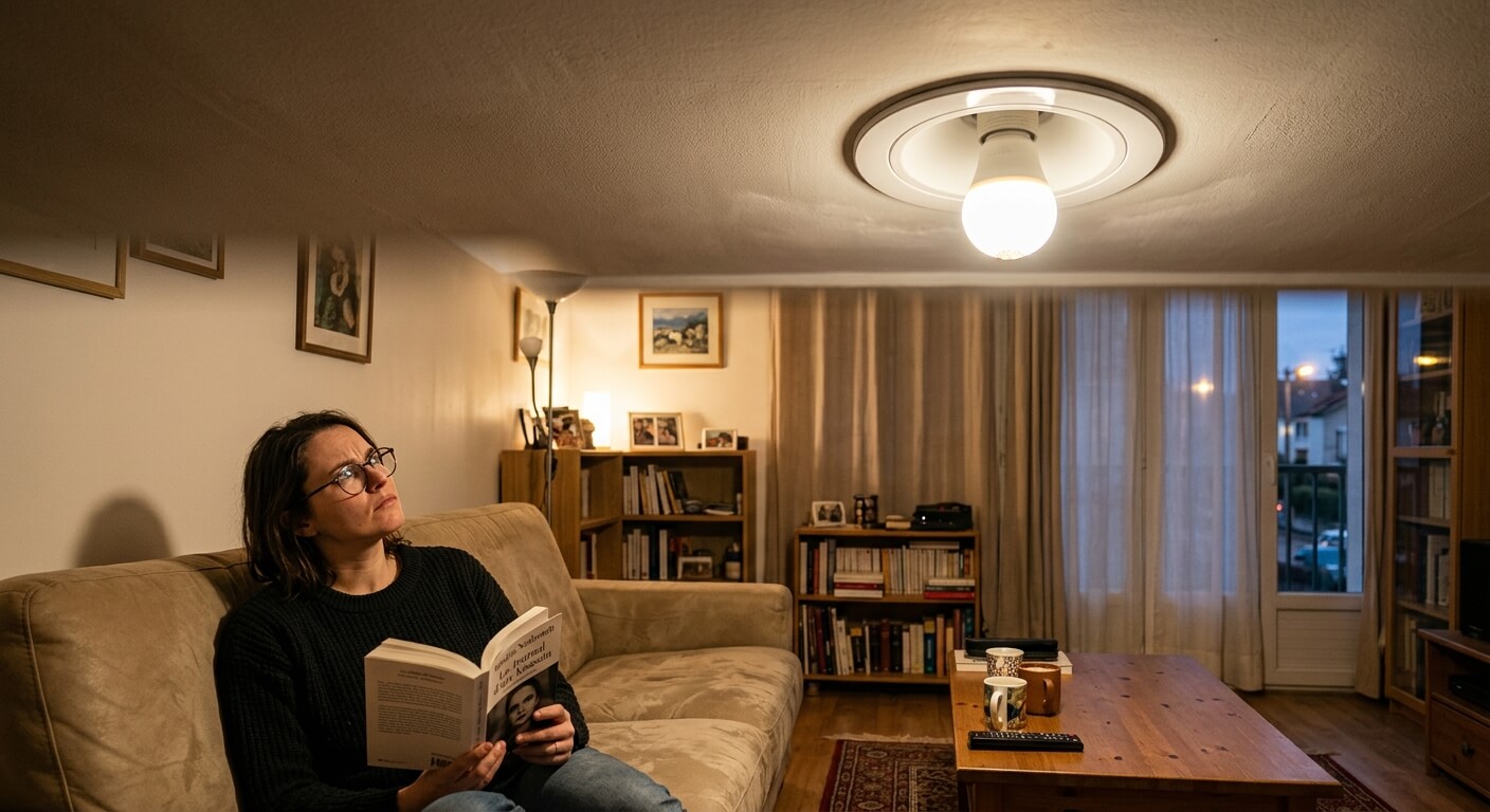 Ampoule LED de plafonnier subissant une extinction intermittente dans une pièce à vivre.Ampoule LED de plafonnier subissant une extinction intermittente dans une pièce à vivre.