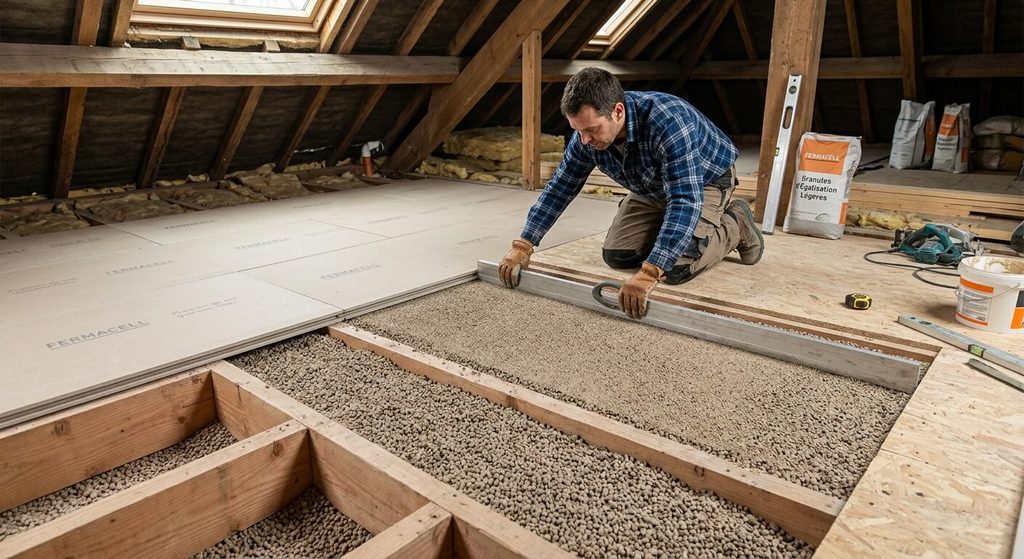 Rattrapage de niveau sur plancher bois : quelle solution choisir ? 3 Granules d'égalisation légères tirées à la règle sous des plaques de sol Fermacell sur solivage.