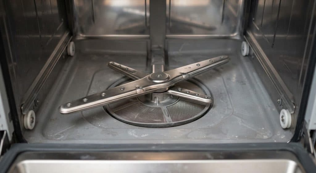 Bras d'aspersion en inox au fond de la cuve d'un lave-vaisselle ménager.