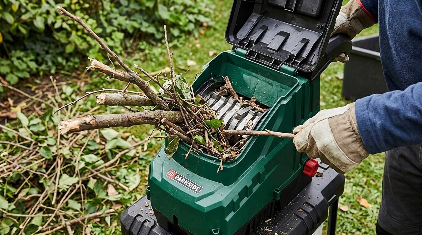 Ouverture du carter de coupe d'un broyeur de végétaux Parkside encombré de branches et de brindilles.