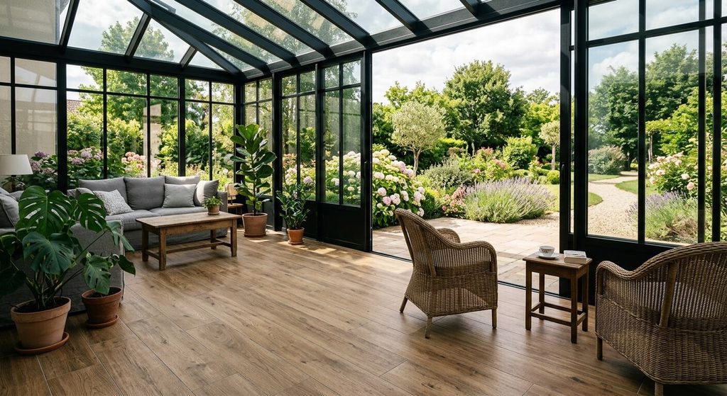 Sol en carrelage grès cérame résistant aux variations de température dans une véranda donnant sur un jardin.