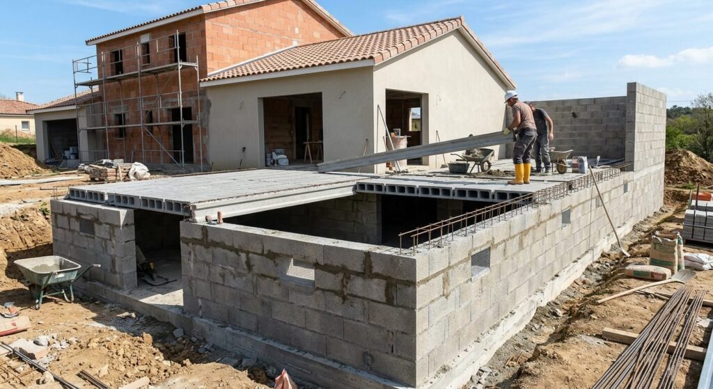 Terrasse sur vide sanitaire : ventilation et précautions techniques 2 Maçonnerie d'un vide sanitaire avec plancher poutrelles et hourdis pour une terrasse attenante.